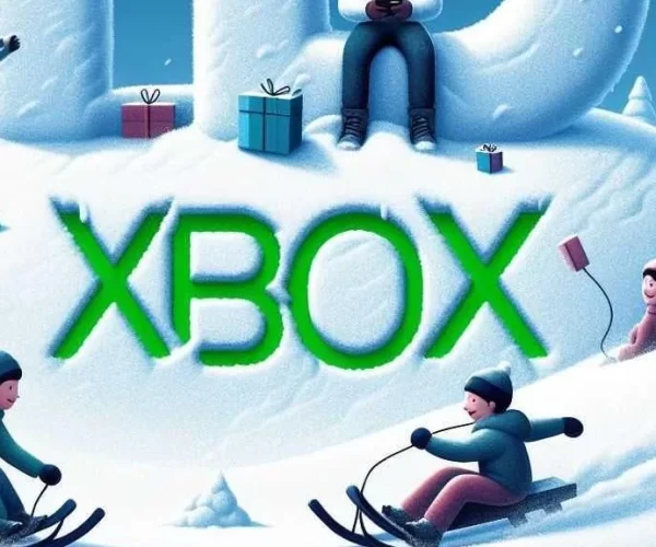 Crianças geradas por IA desceram de trenó uma colina de neve ao lado de um logotipo do Xbox.