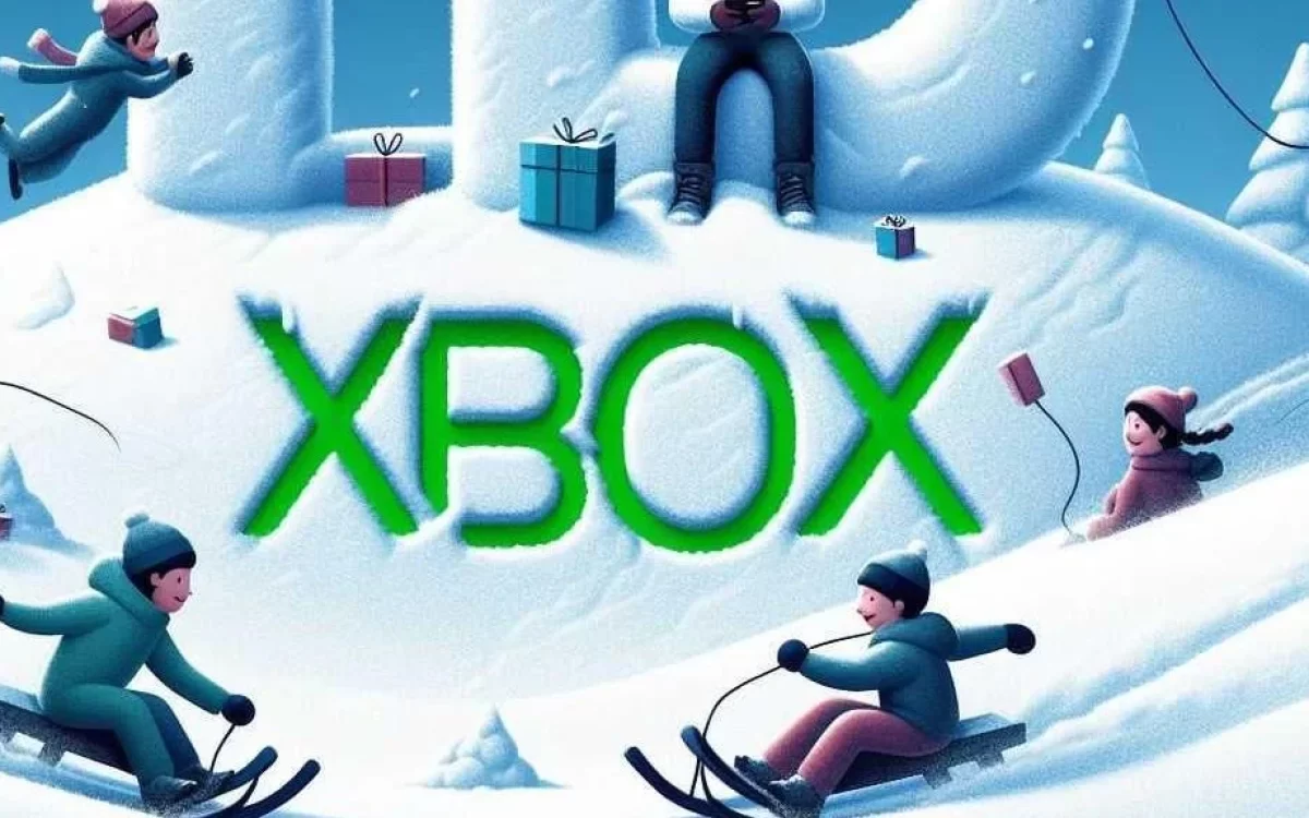 Crianças geradas por IA desceram de trenó uma colina de neve ao lado de um logotipo do Xbox.